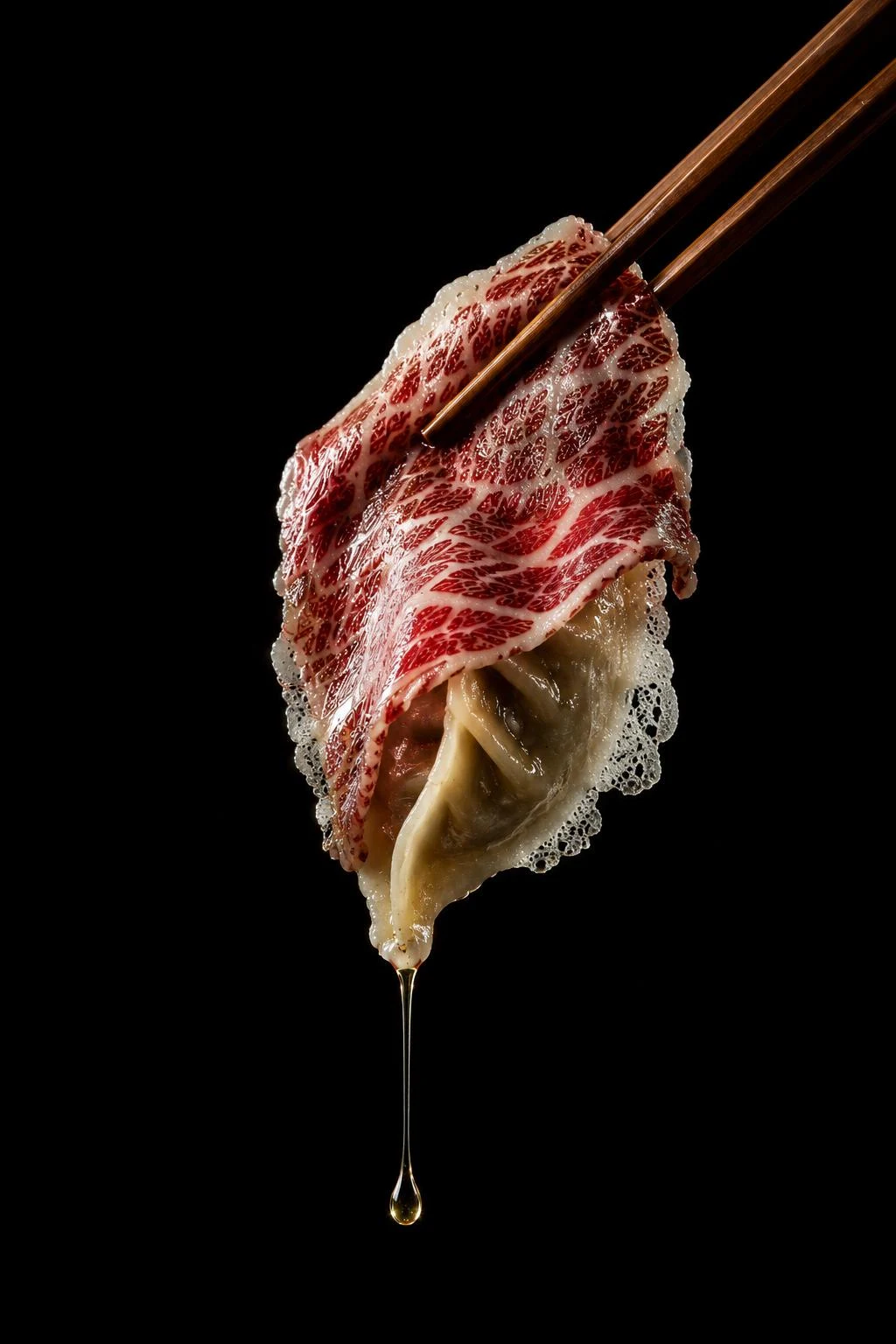 Bocado de carne sostenido con palillos