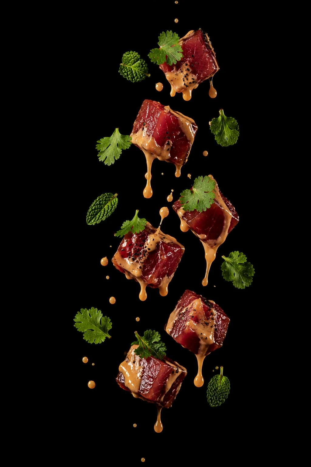 Dados de carne con salsa y hierbas