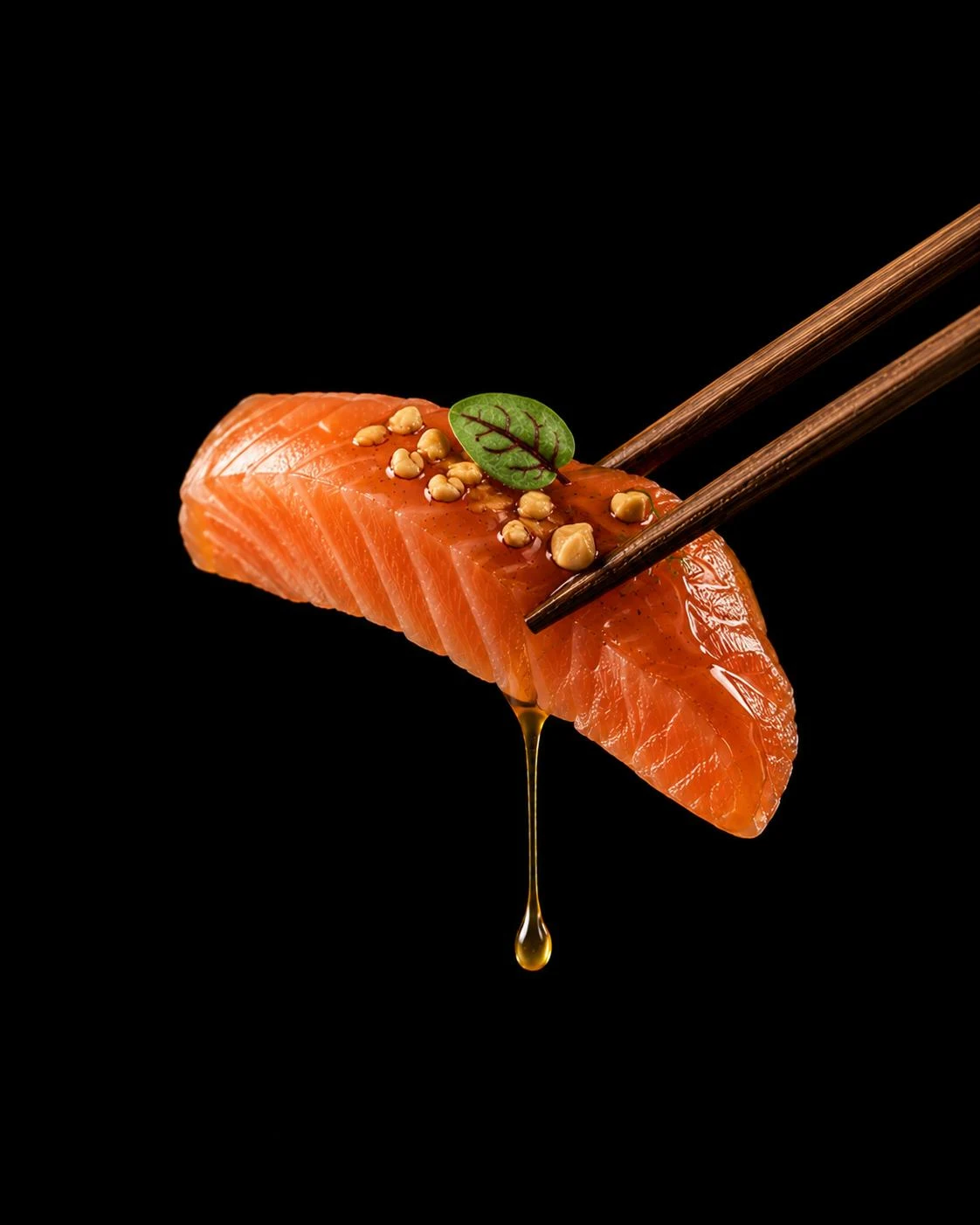 Bocado de salmón sostenido con palillos